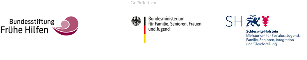 Die Logos der Bundesstiftung Frühe Hilfen, des Bundesministeriums für Familie, Senioren, Frauen und Jugend und des Ministeriums für Soziales, Gesundheit, Jugend, Familie und Senioren des Landes Schleswig-Holstein